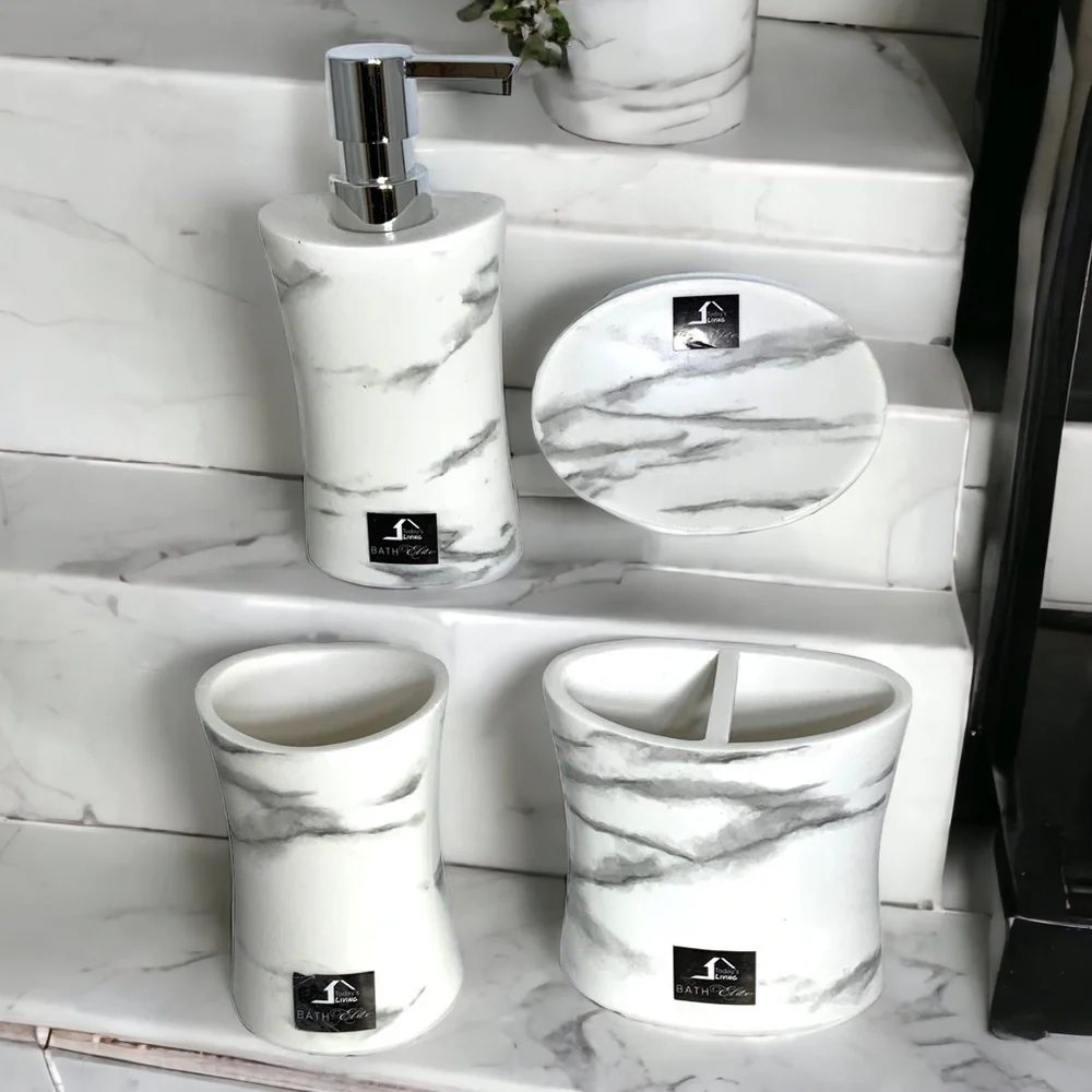 Todays Living Marble Elite Bath Accessory Set Lux White Grey Resin 4 Piece Set